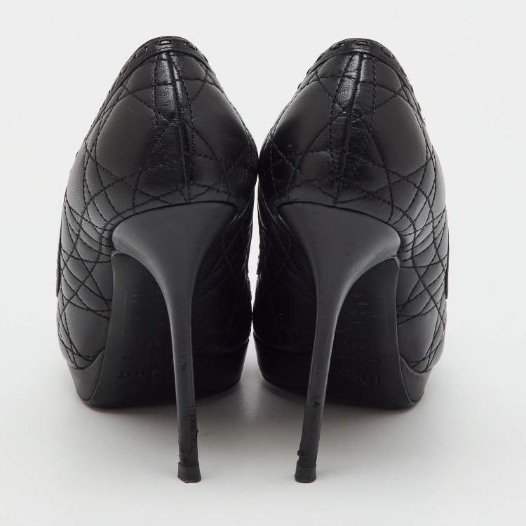 Pre Owned Dior Black Quilted Cannage Leather and Patent Bow Detail Peep Toe Pumps Size 38.5