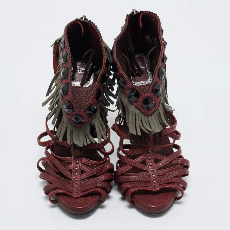 Pre Owned Dior Burgundy Leather and Suede Fringe Ankle Strap Sandals Size 38
