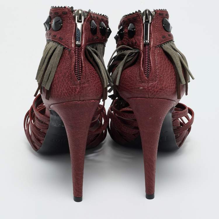 Pre Owned Dior Burgundy Leather and Suede Fringe Ankle Strap Sandals Size 38