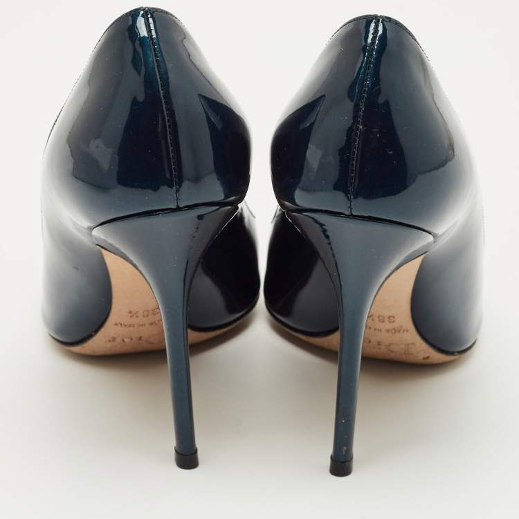 Pre Owned Dior Metallic Blue Patent Leather Cherie Pointed Toe Pumps Size 38.5