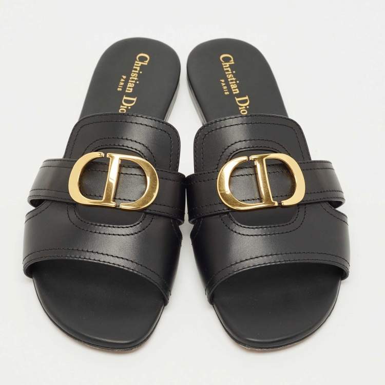 Pre Owned Dior Black Leather 30 Montaigne Flat Sandals Size 39