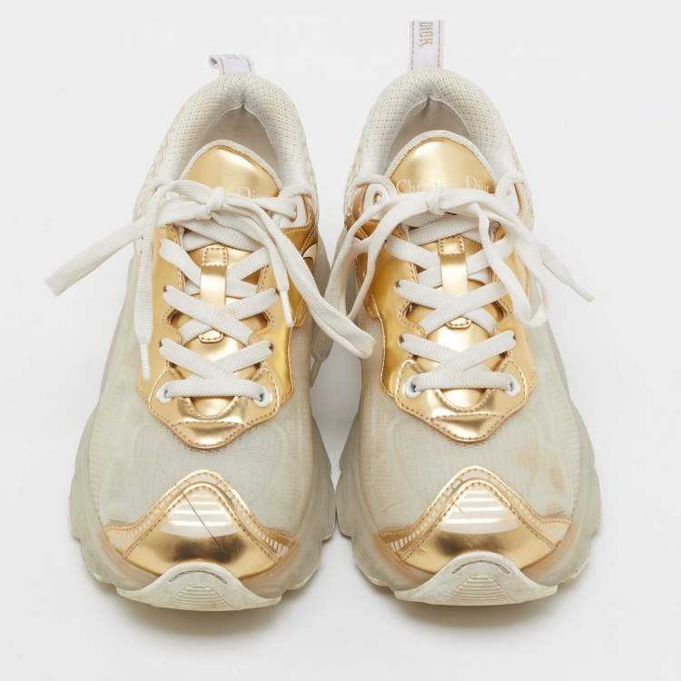 Pre Owned Dior White/Gold Rubber, Mesh and Leather Vibe Low Top Sneakers Size 37