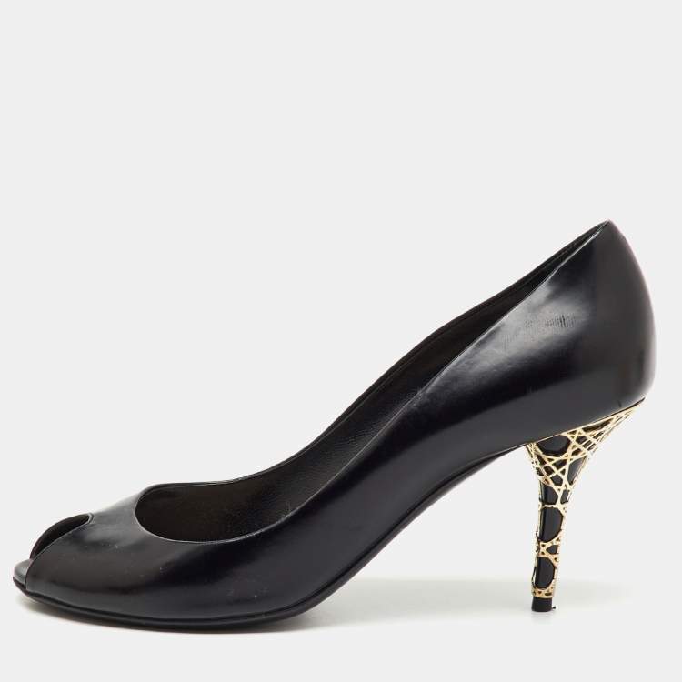 Pre Owned Dior Black Patent Leather Cannage Heel Peep Toe Pumps Size 37.5