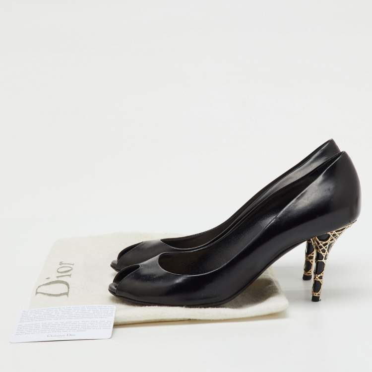 Pre Owned Dior Black Patent Leather Cannage Heel Peep Toe Pumps Size 37.5