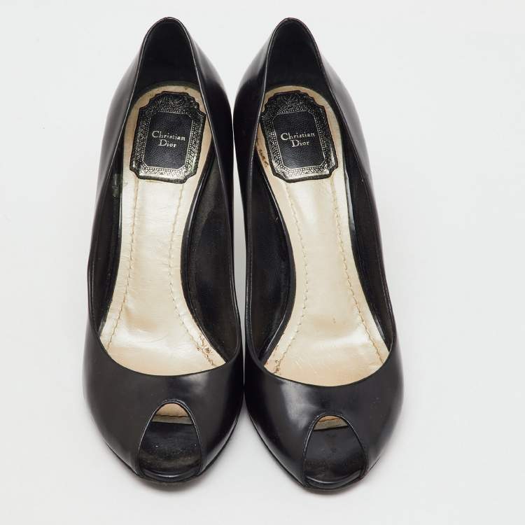 Pre Owned Dior Black Patent Leather Cannage Heel Peep Toe Pumps Size 37.5