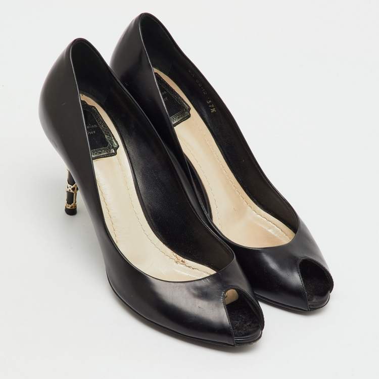 Pre Owned Dior Black Patent Leather Cannage Heel Peep Toe Pumps Size 37.5