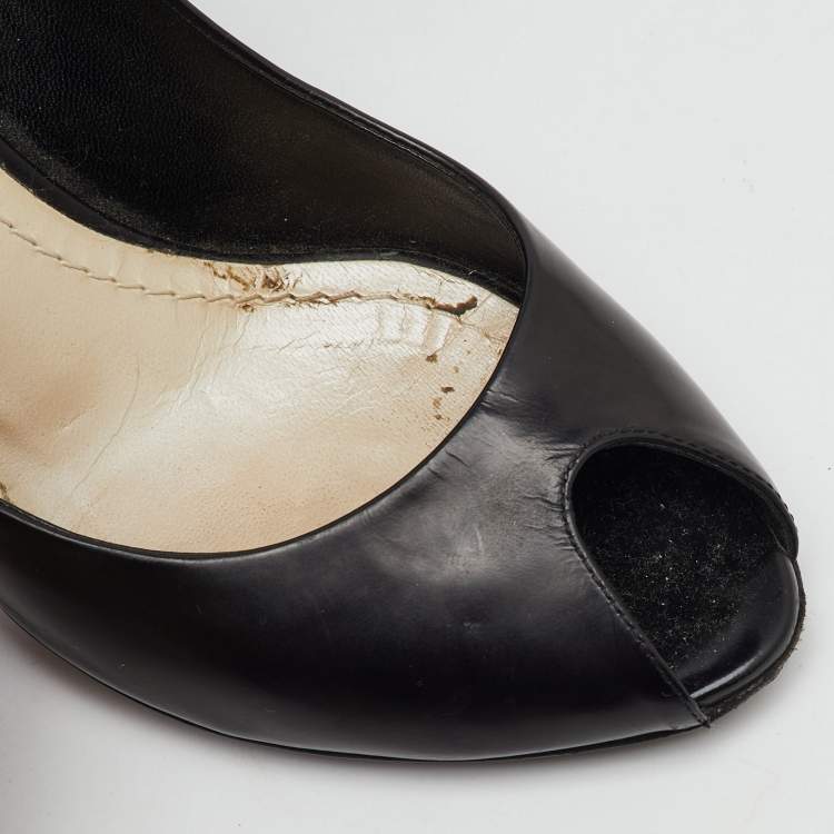 Pre Owned Dior Black Patent Leather Cannage Heel Peep Toe Pumps Size 37.5