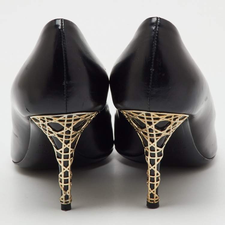 Pre Owned Dior Black Patent Leather Cannage Heel Peep Toe Pumps Size 37.5