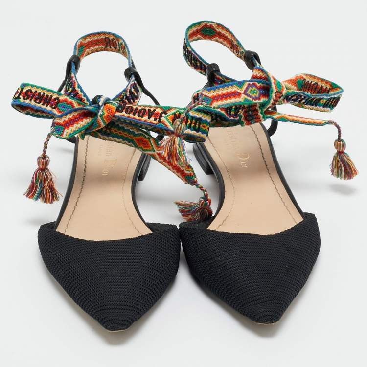 Pre Owned Dior Black Canvas J'adior Pointed Toe Ankle Wrap Flats Size 37.5