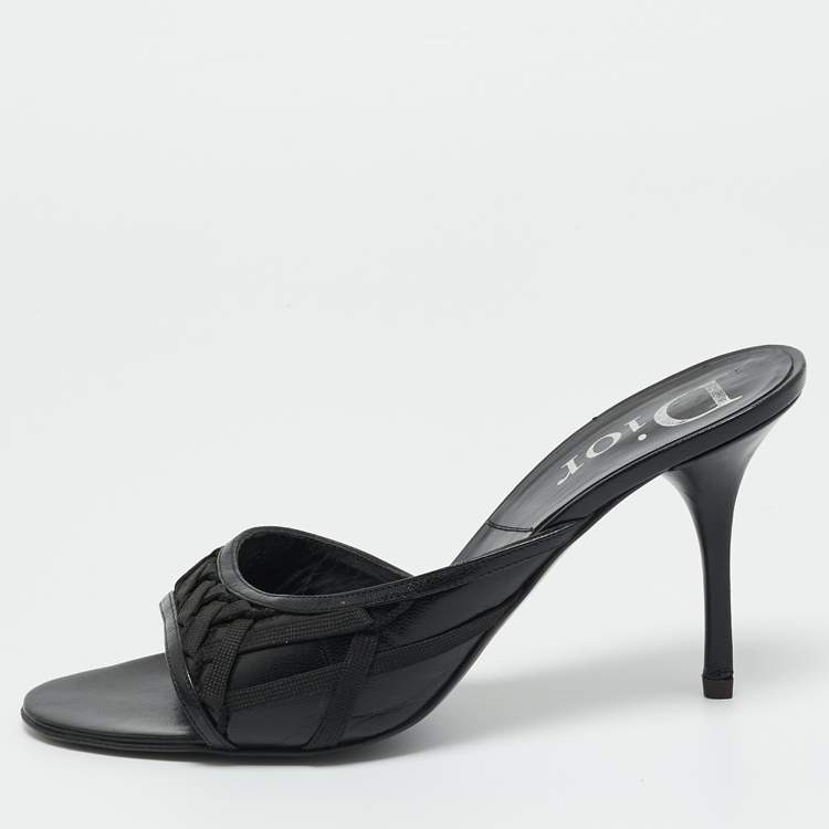 Pre Owned Dior Black Leather and knit Fabric Open Toe Slide Sandals Size 41
