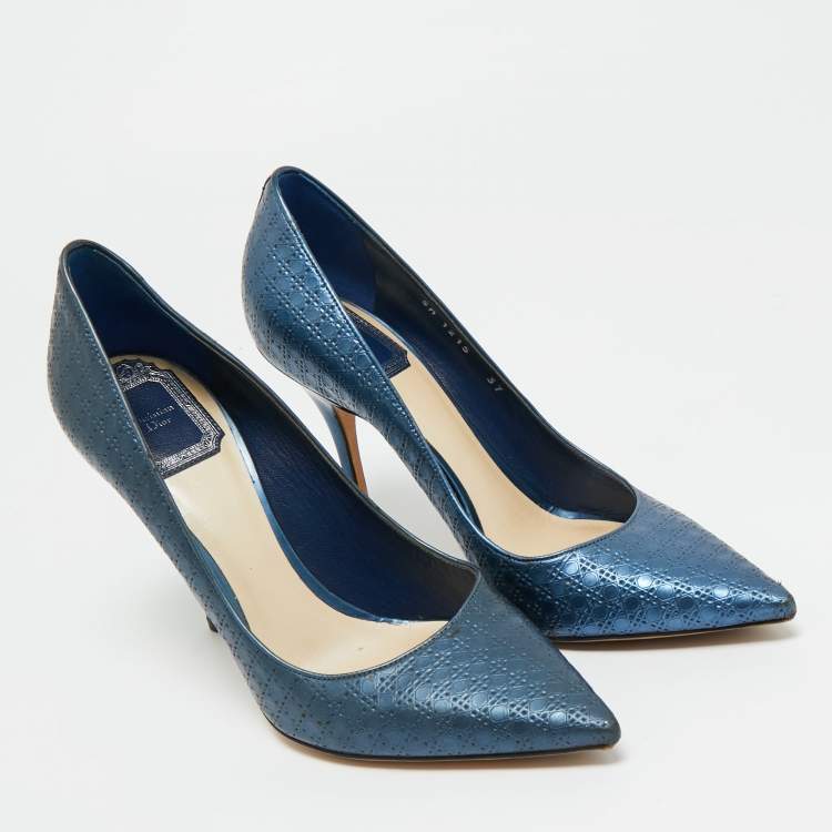 Pre Owned Dior Metallic Blue Cannage Leather Cherie Pointed Toe Pumps Size 37