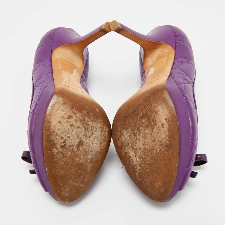 Pre Owned Dior Purple Cannage Leather and Patent Bow Peep Toe Platform Pumps Size 38