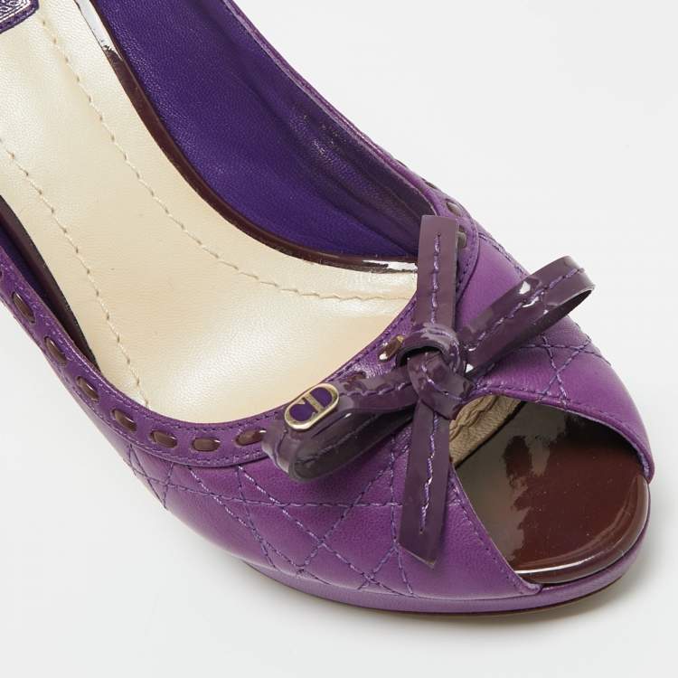 Pre Owned Dior Purple Cannage Leather and Patent Bow Peep Toe Platform Pumps Size 38