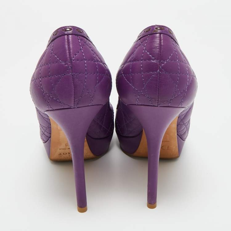 Pre Owned Dior Purple Cannage Leather and Patent Bow Peep Toe Platform Pumps Size 38