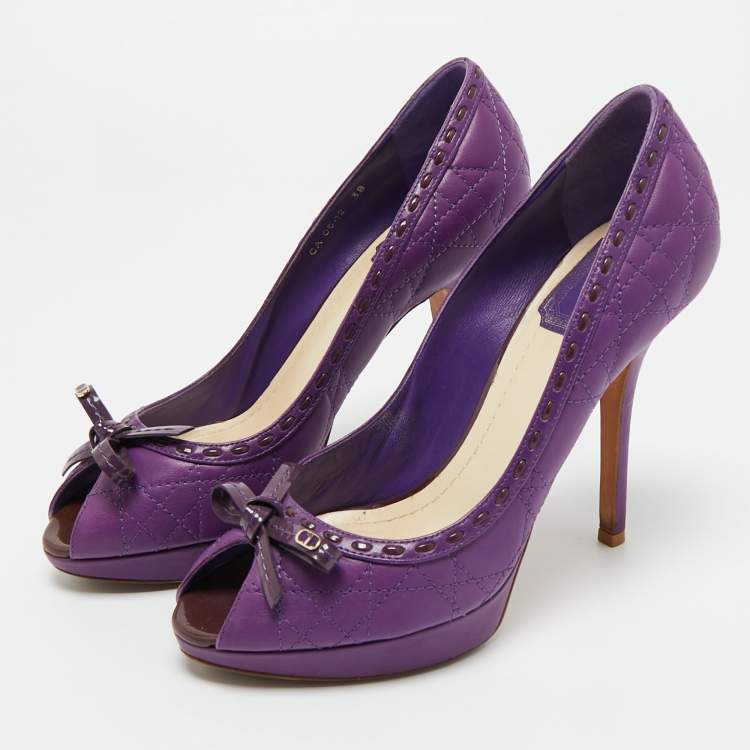 Pre Owned Dior Purple Cannage Leather and Patent Bow Peep Toe Platform Pumps Size 38