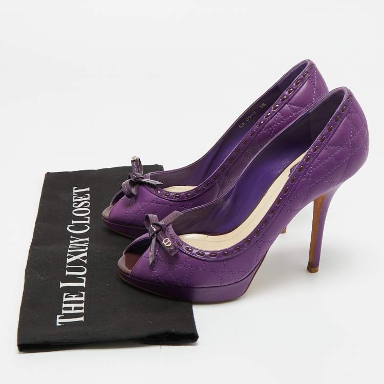 Pre Owned Dior Purple Cannage Leather and Patent Bow Peep Toe Platform Pumps Size 38