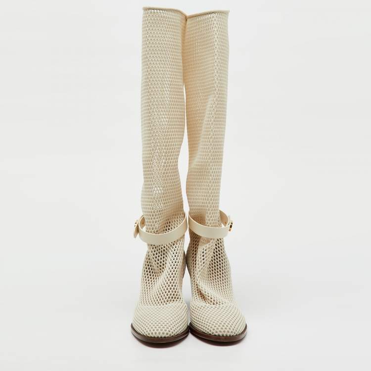 Pre Owned Dior Off White Mesh and Leather Empreinte Montaigne Knee Length Boots Size 36