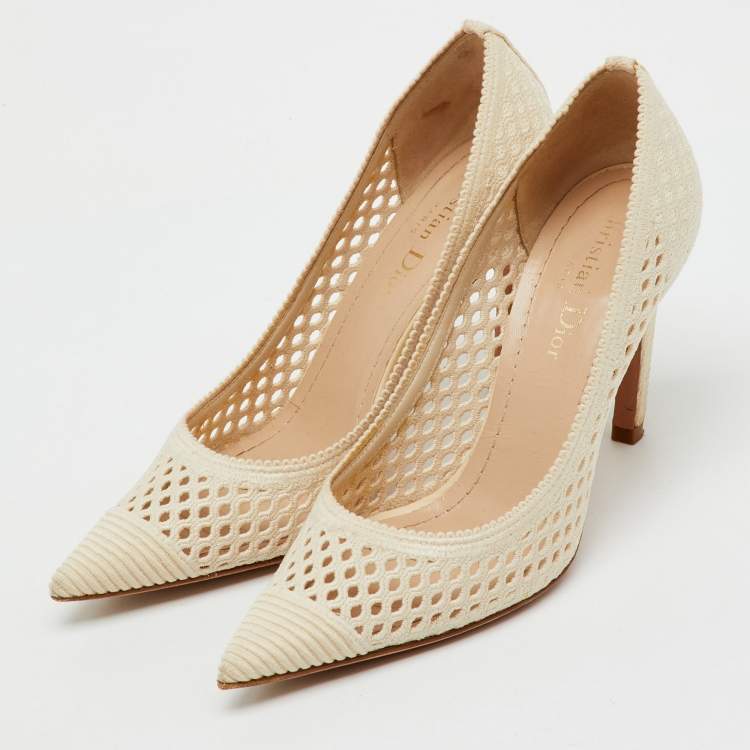 Pre Owned Dior Cream Fishnet Fabric Pointed Toe Pumps Size 35