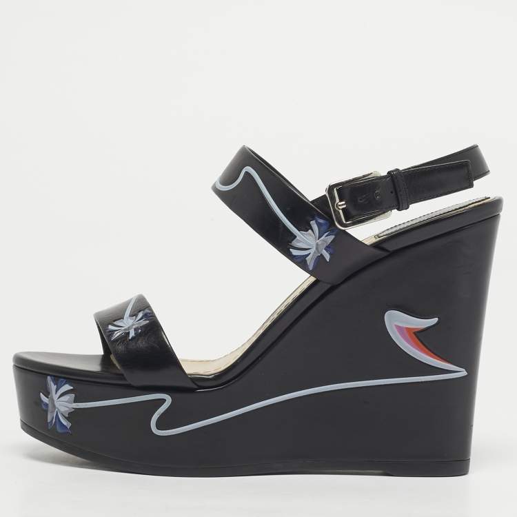 Pre Owned Dior Black Leather Platform Wedge Slingback Sandals Size 39.5