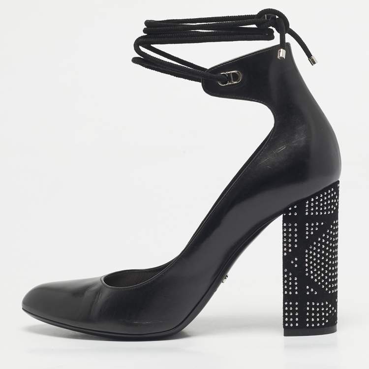 Pre Owned Dior Black Leather Stellar Block Heel Ankle Tie Pumps Size 40