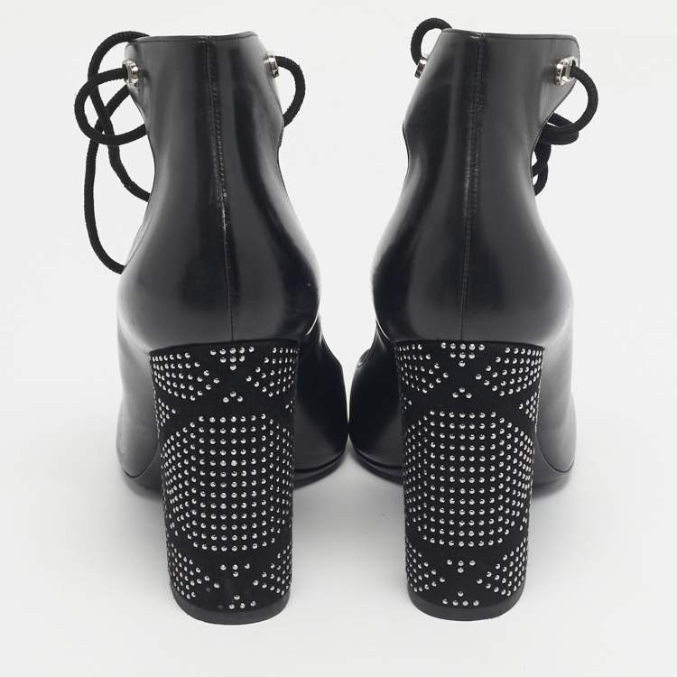 Pre Owned Dior Black Leather Stellar Block Heel Ankle Tie Pumps Size 40