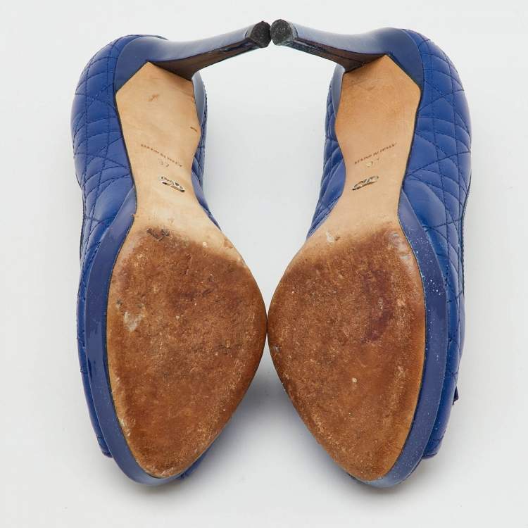 Pre Owned Dior Blue Cannage Leather and Patent Bow Peep Toe Platform Pumps Size 37