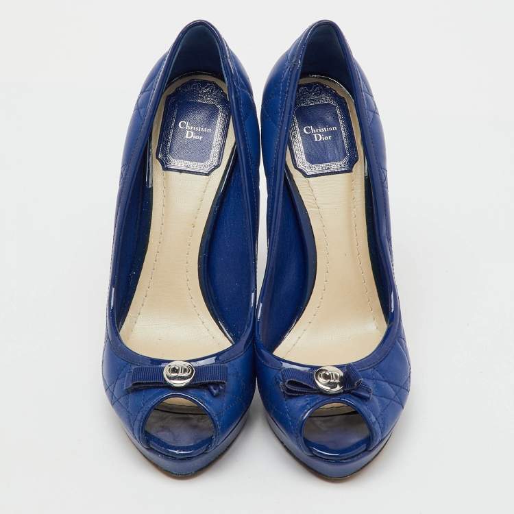 Pre Owned Dior Blue Cannage Leather and Patent Bow Peep Toe Platform Pumps Size 37