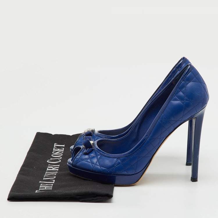 Pre Owned Dior Blue Cannage Leather and Patent Bow Peep Toe Platform Pumps Size 37