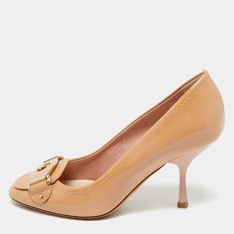 Pre Owned Dior Beige  Patent Leather Logo Round Toe Pumps Size 36