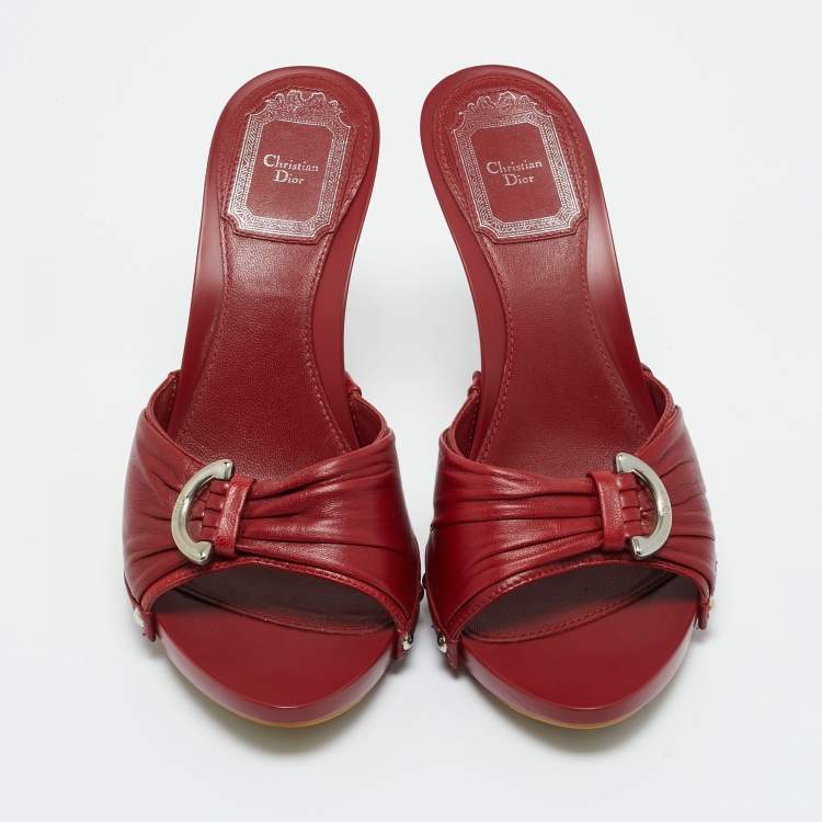 Pre Owned Dior Dark Red Leather Studded Slide Sandals Size 36.5