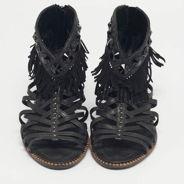 Pre Owned Dior Black Leather Crystal Embellished Strappy Sandals Size 36