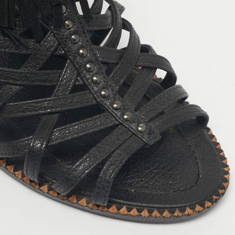 Pre Owned Dior Black Leather Crystal Embellished Strappy Sandals Size 36