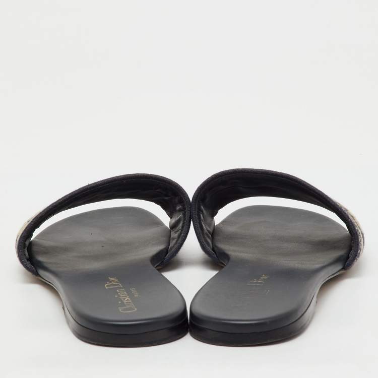 Pre Owned Dior Navy Blue Embroidered Canvas Dway Flat Slide Sandals Size 40