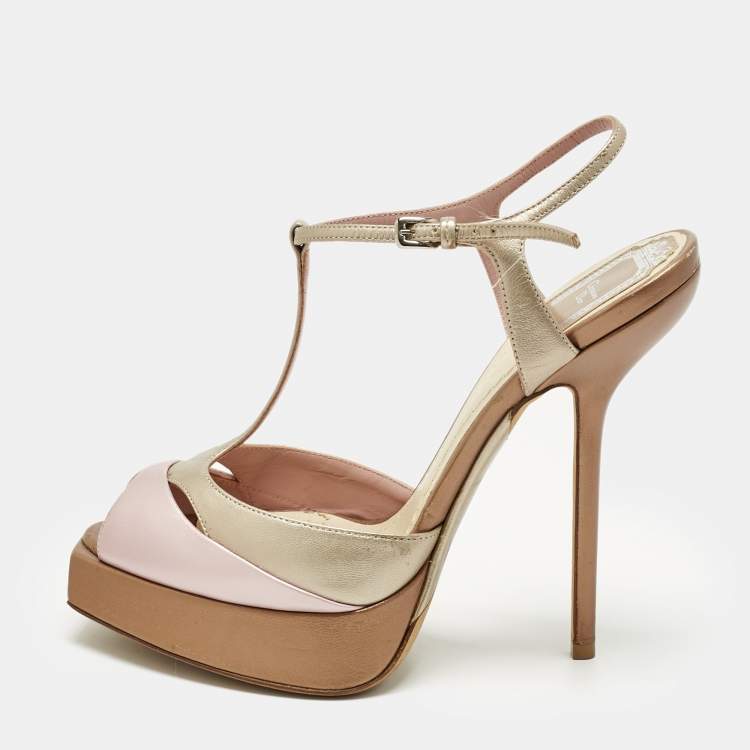 Pre Owned Dior Gold/Purple  Leather Platform Ankle Strap Sandals Size 37