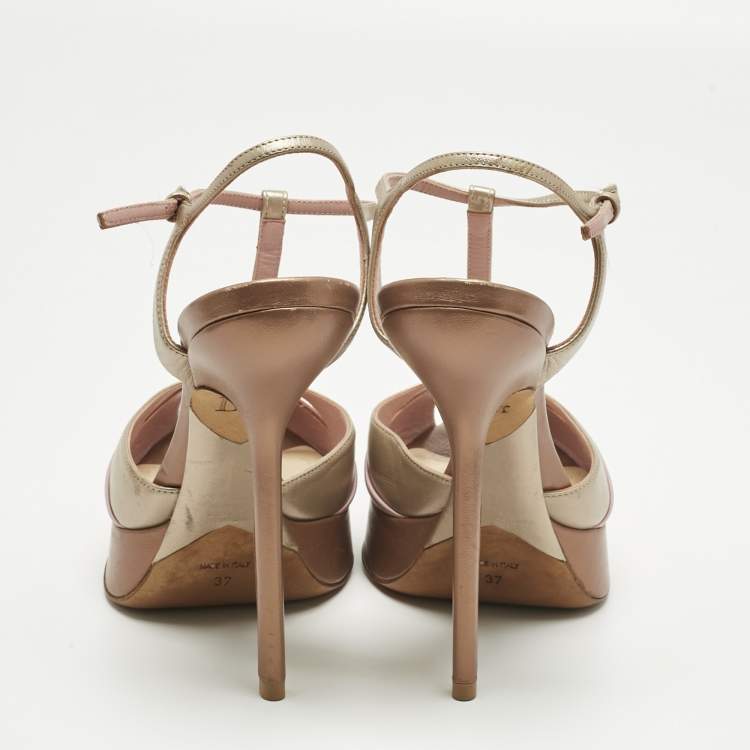 Pre Owned Dior Gold/Purple  Leather Platform Ankle Strap Sandals Size 37
