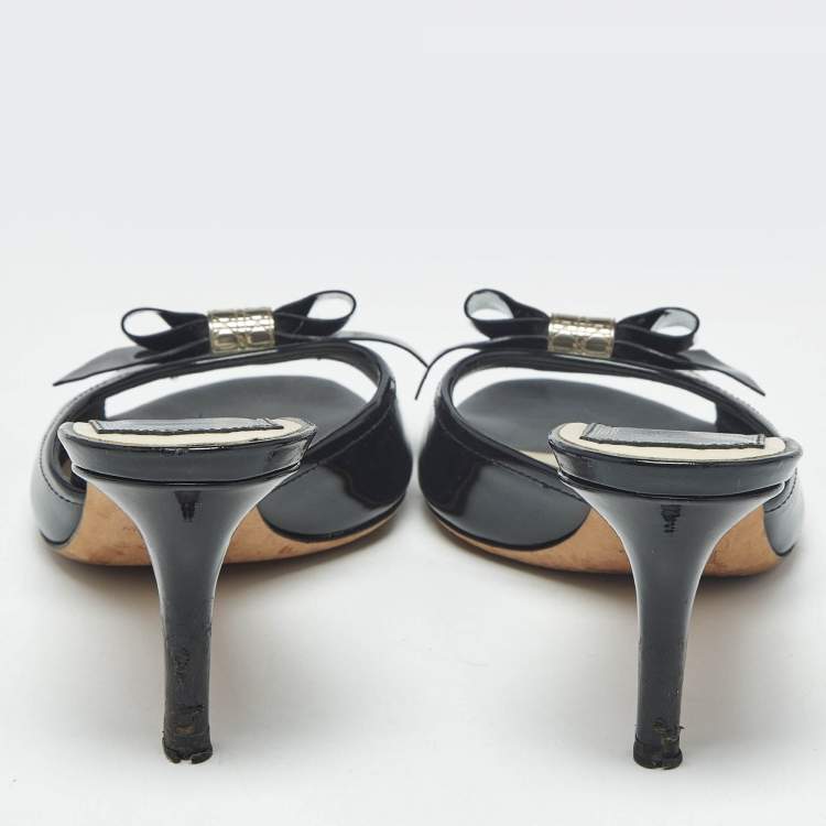 Pre Owned Dior Black Patent Leather Bow Detail Open Toe Slide Sandals Size 36