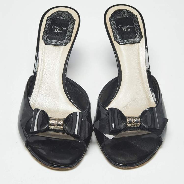 Pre Owned Dior Black Patent Leather Bow Detail Open Toe Slide Sandals Size 36