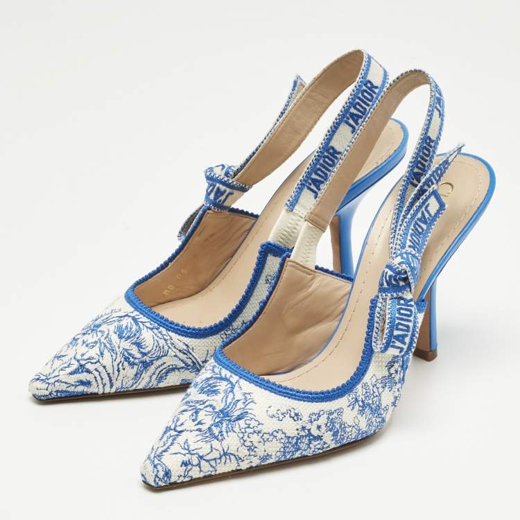 Pre Owned Dior Blue/White Technical Fabric J'adior Slingback Pumps Size 37.5