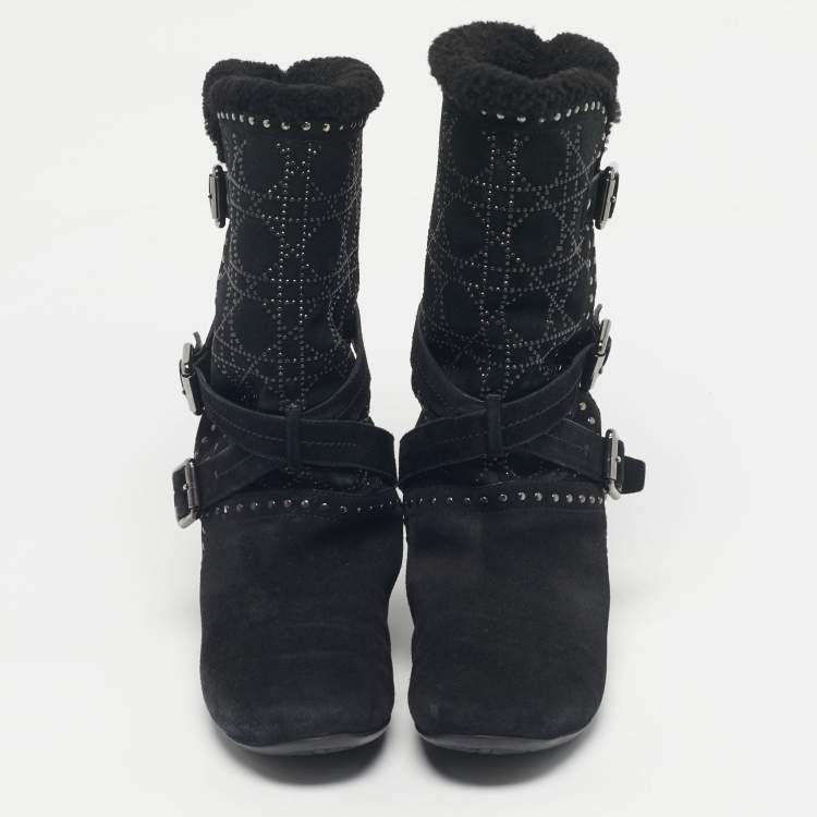 Pre Owned Dior Black Suede Studs Mid Calf Riding Boots Size 36
