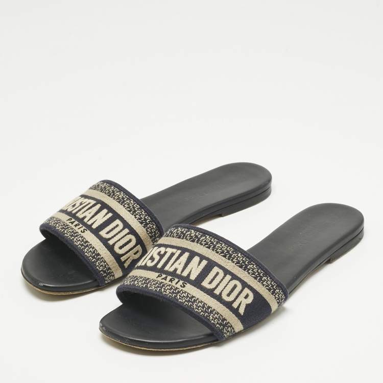 Pre Owned Dior Navy Blue/White Embroidered Canvas Dway Flat Slides Size 38.5