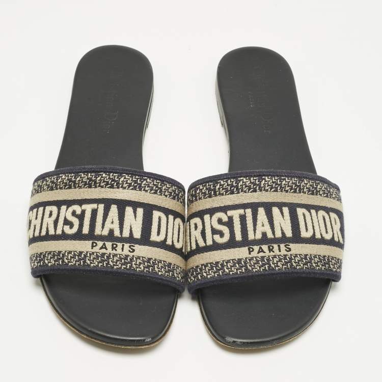 Pre Owned Dior Navy Blue/White Embroidered Canvas Dway Flat Slides Size 38.5