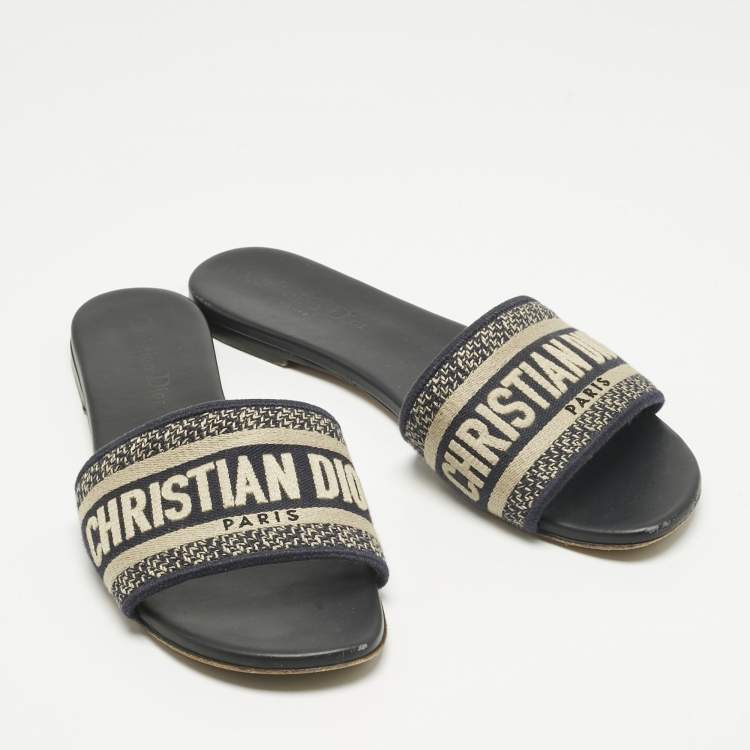 Pre Owned Dior Navy Blue/White Embroidered Canvas Dway Flat Slides Size 38.5