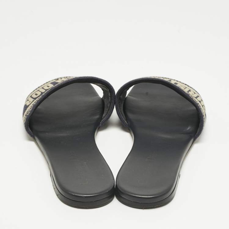 Pre Owned Dior Navy Blue/White Embroidered Canvas Dway Flat Slides Size 38.5