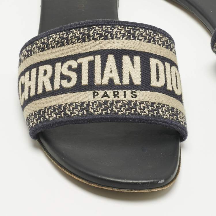 Pre Owned Dior Navy Blue/White Embroidered Canvas Dway Flat Slides Size 38.5