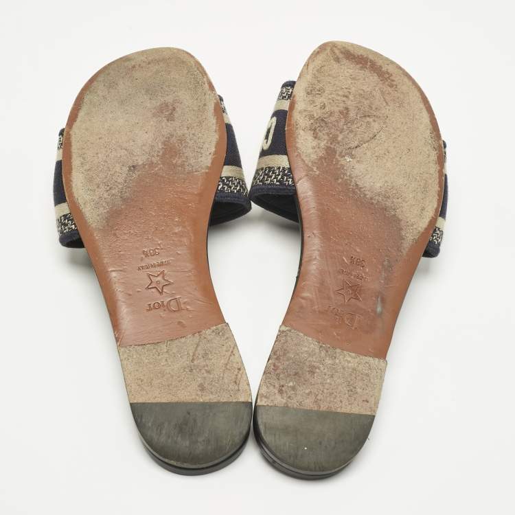 Pre Owned Dior Navy Blue/White Embroidered Canvas Dway Flat Slides Size 38.5