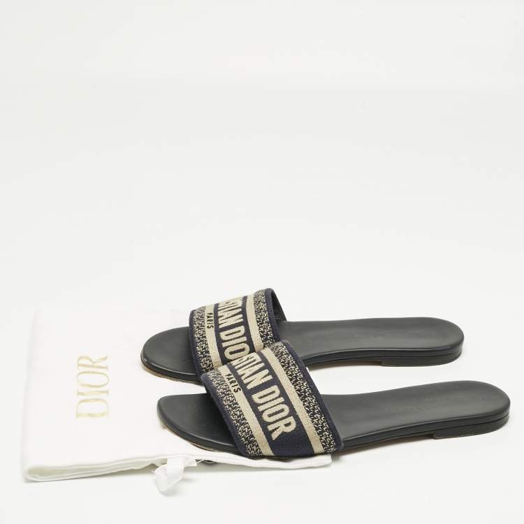 Pre Owned Dior Navy Blue/White Embroidered Canvas Dway Flat Slides Size 38.5