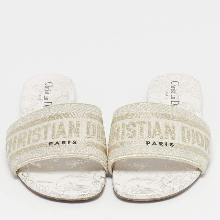 Pre Owned Dior Gold/Cream Embroidered Canvas Dway Flat Slide Size 38