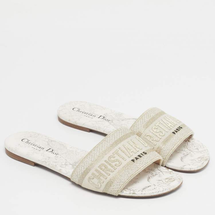 Pre Owned Dior Gold/Cream Embroidered Canvas Dway Flat Slide Size 38