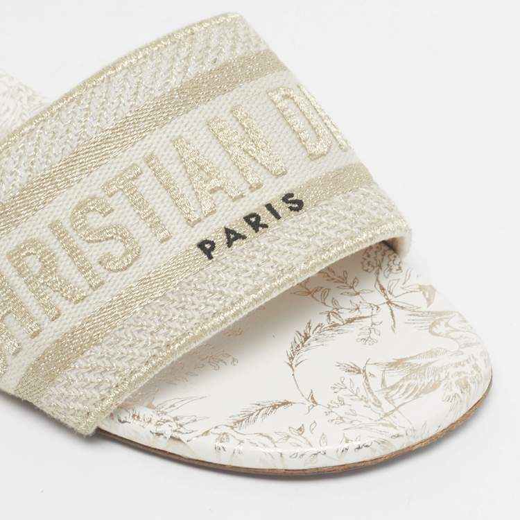 Pre Owned Dior Gold/Cream Embroidered Canvas Dway Flat Slide Size 38