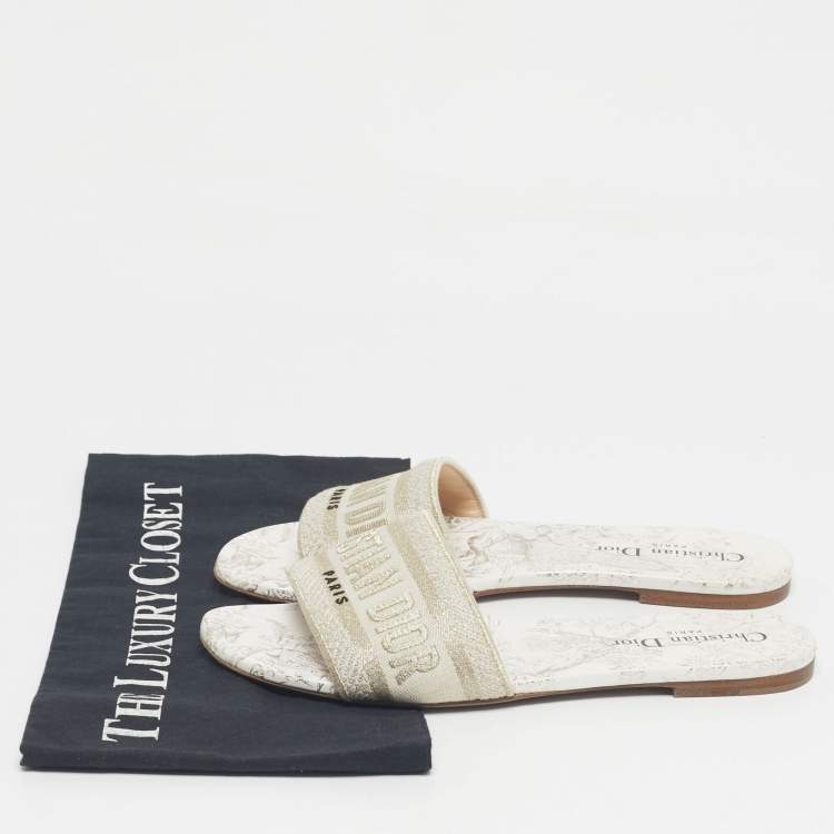 Pre Owned Dior Gold/Cream Embroidered Canvas Dway Flat Slide Size 38